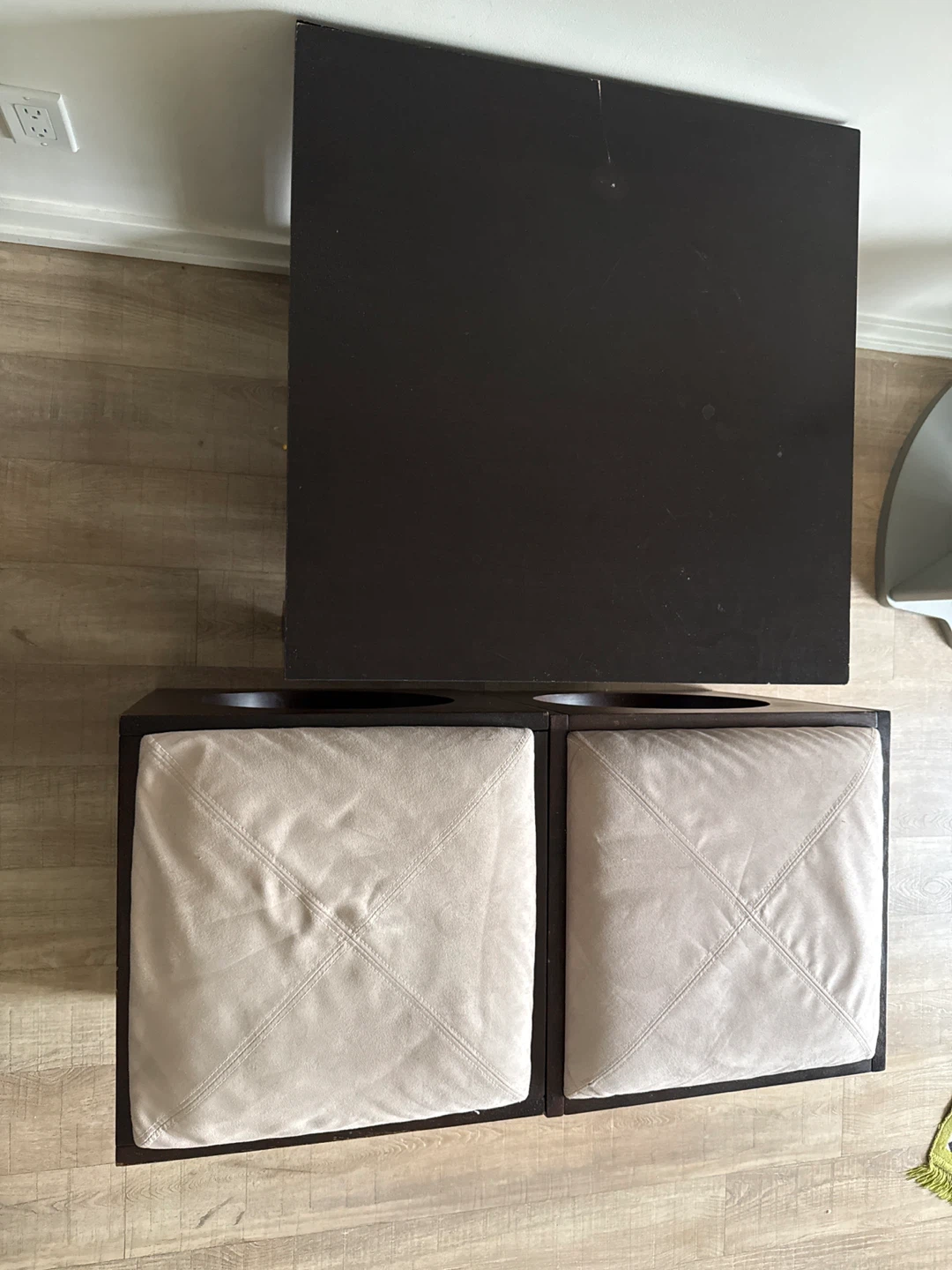 Set of 2 dark brown ottomans with beige fabric seats and a Table - photo 2