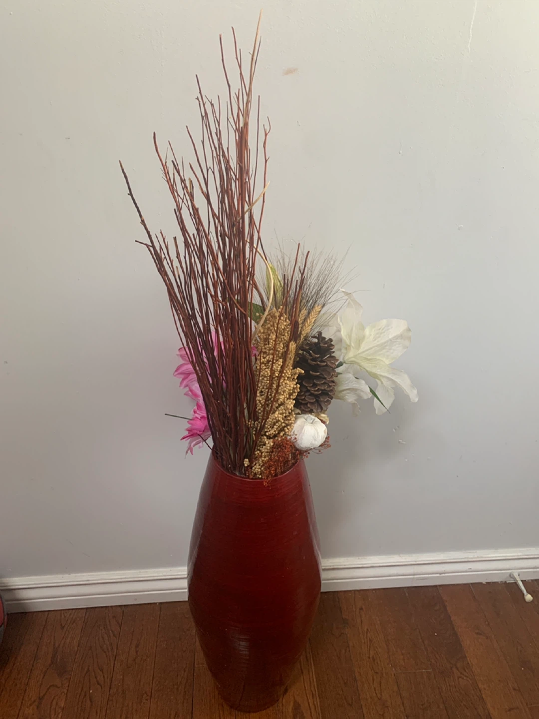 Large Red Vase with Floral and Twig Arrangement - photo 2