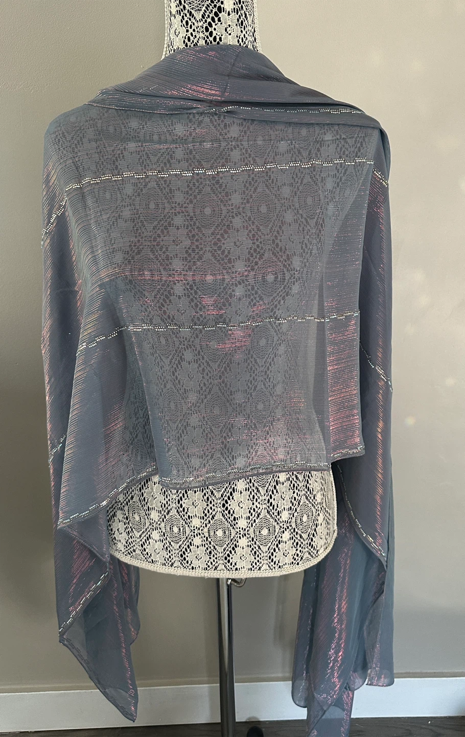 Grey Scarf with Metallic Threads and Lace Trim