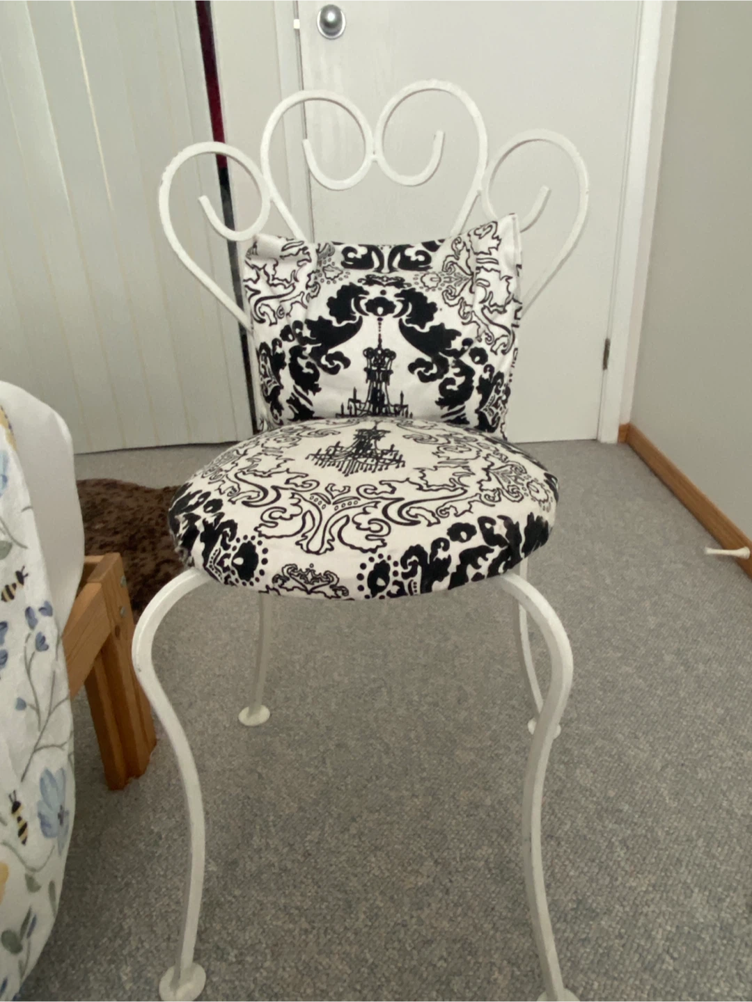 Vanity Stool with Black and White Damask Cushion