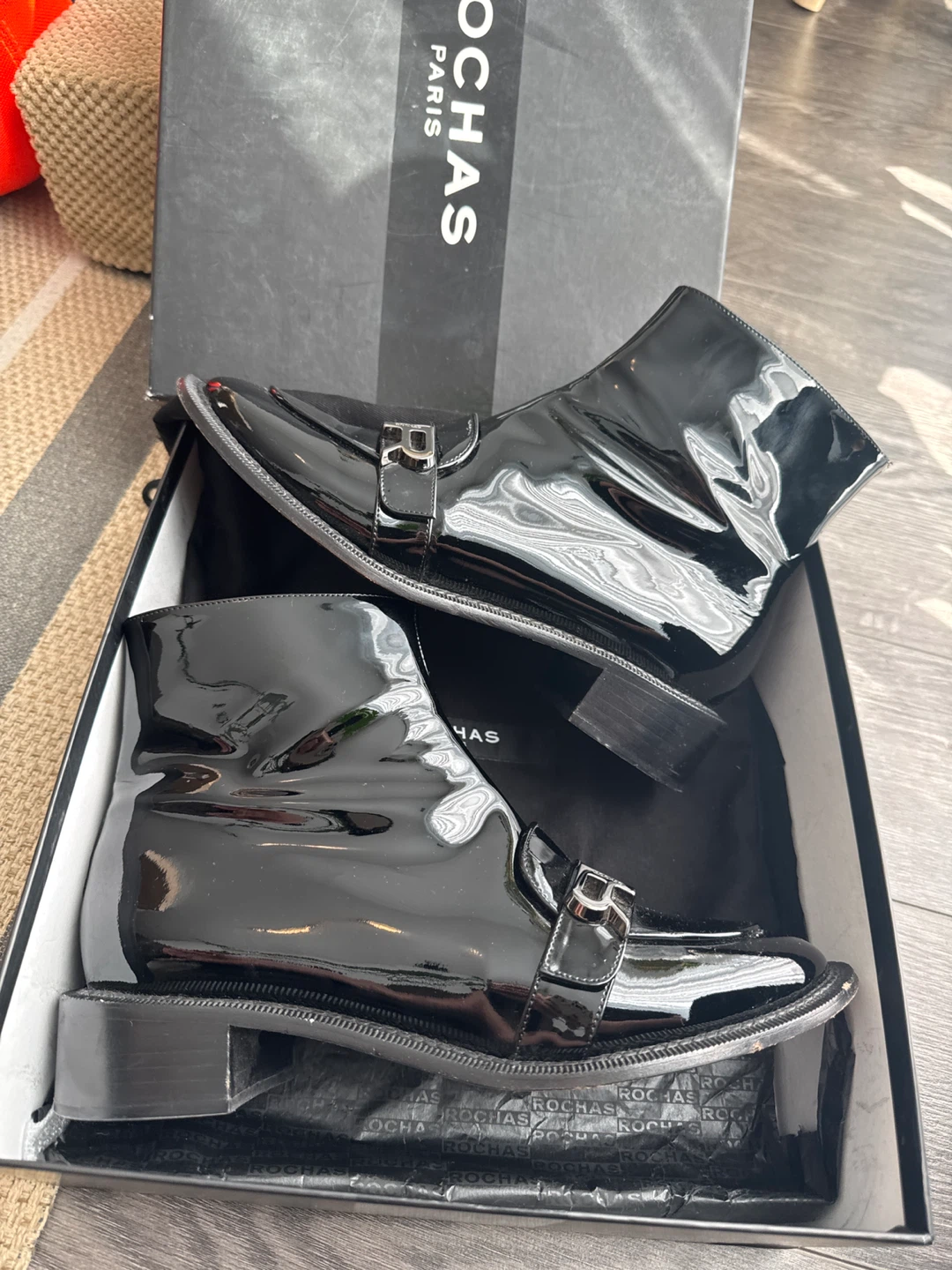 Rochas Black Patent Leather Ankle Boots Size 39.5