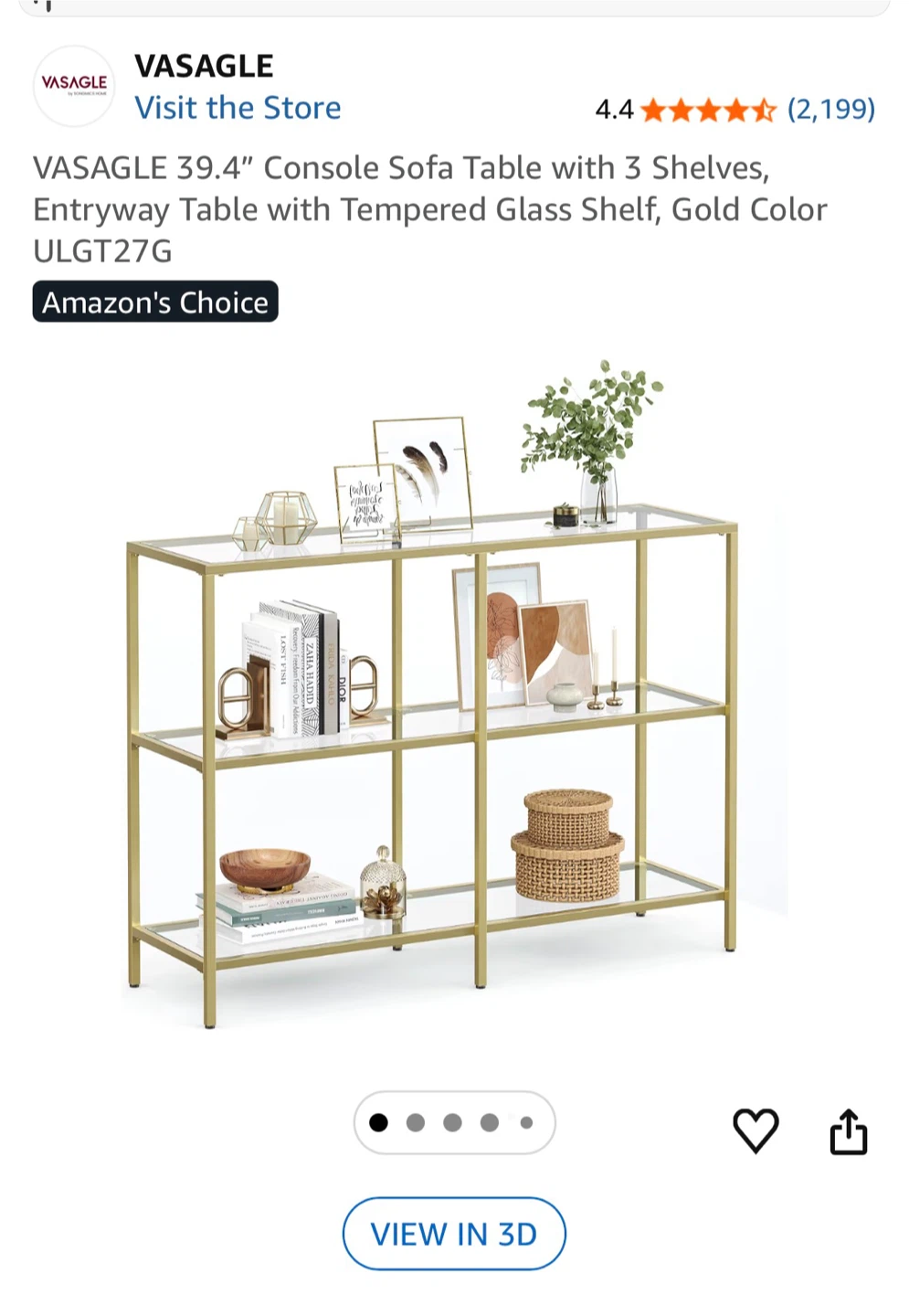 VASAGLE 39.4" Console Sofa Table with 3 Shelves - Gold