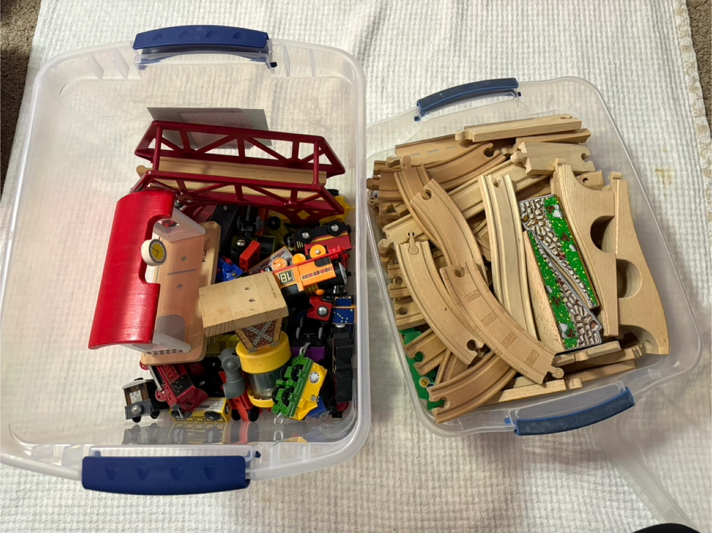 Wooden Train Set and Track Pieces