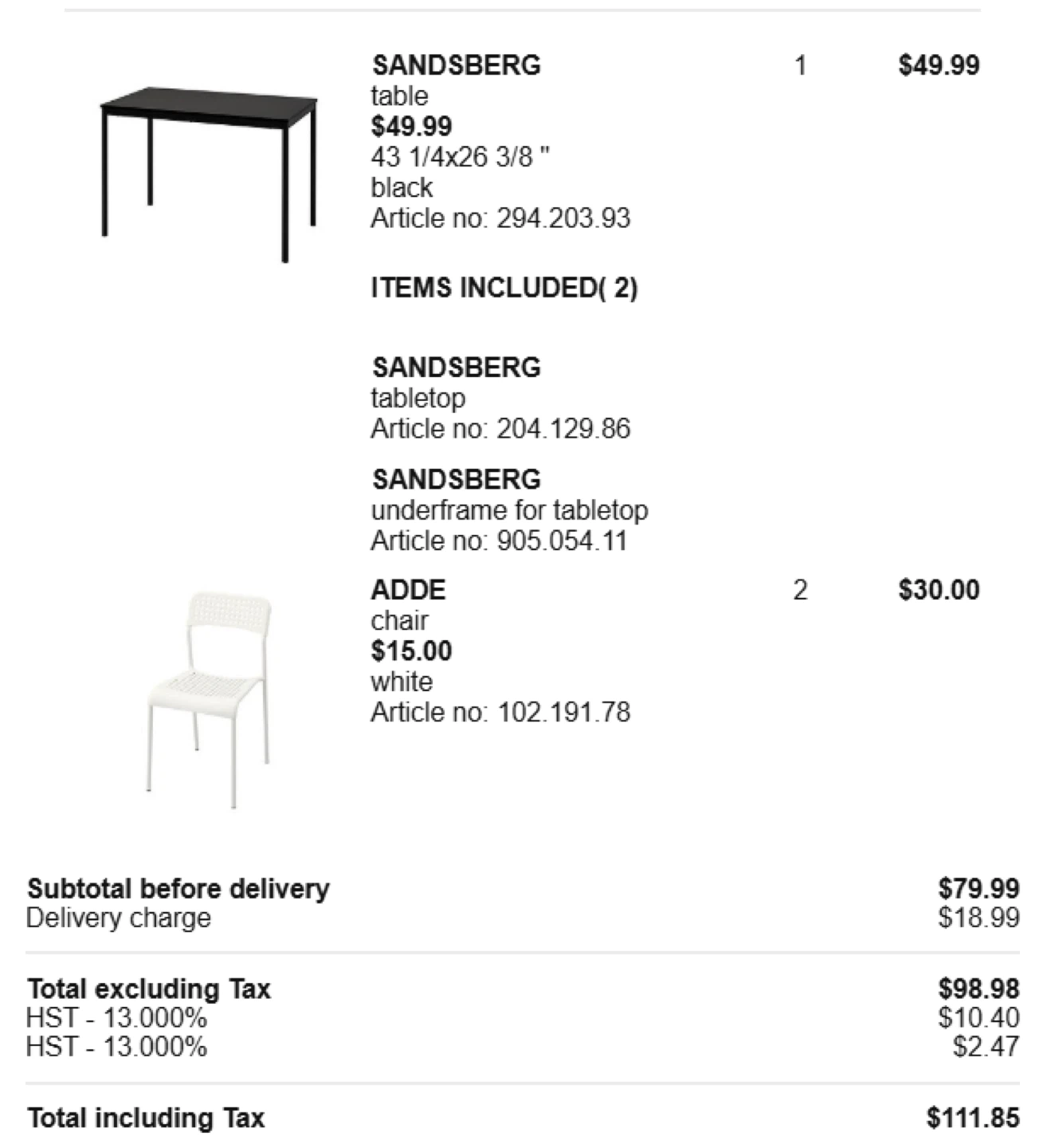 Sandsberg Black Table and 2 Adde Chairs