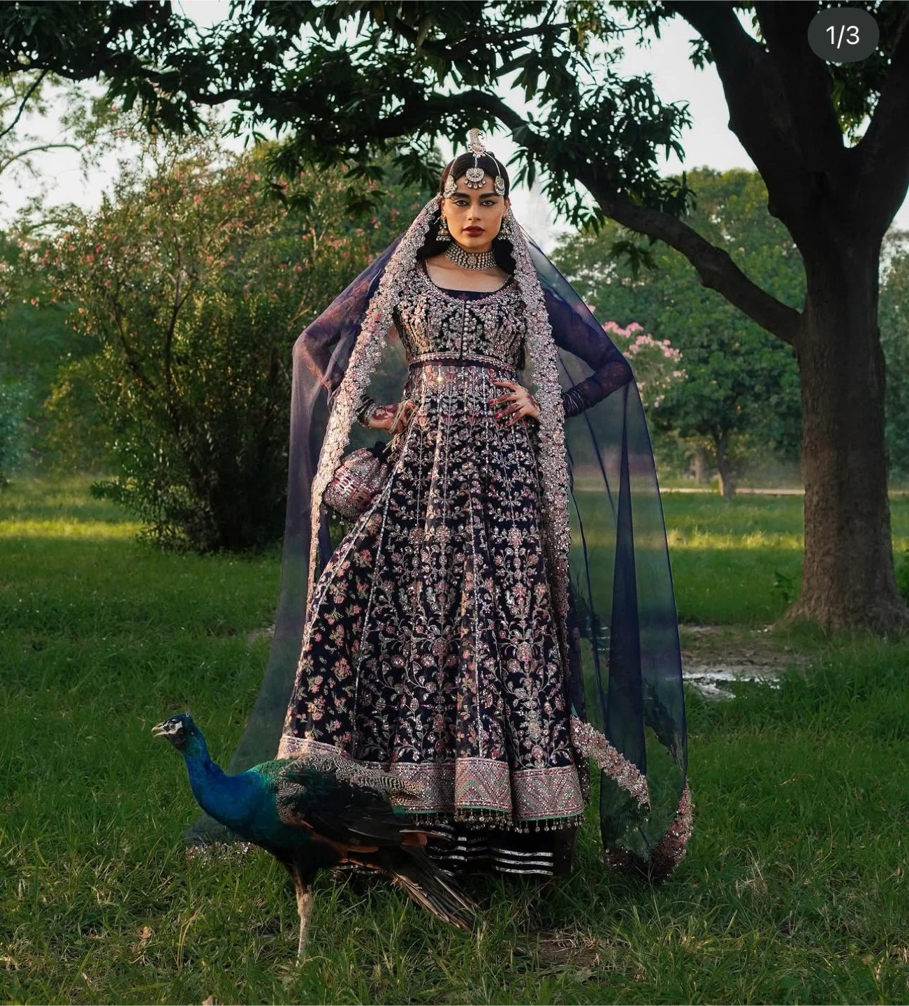 Hussain Rehar Navy Blue Embroidered Anarkali Dress
