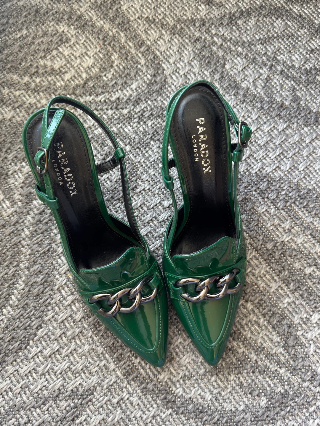 Paradox London Green Patent Chain Detail Heels
