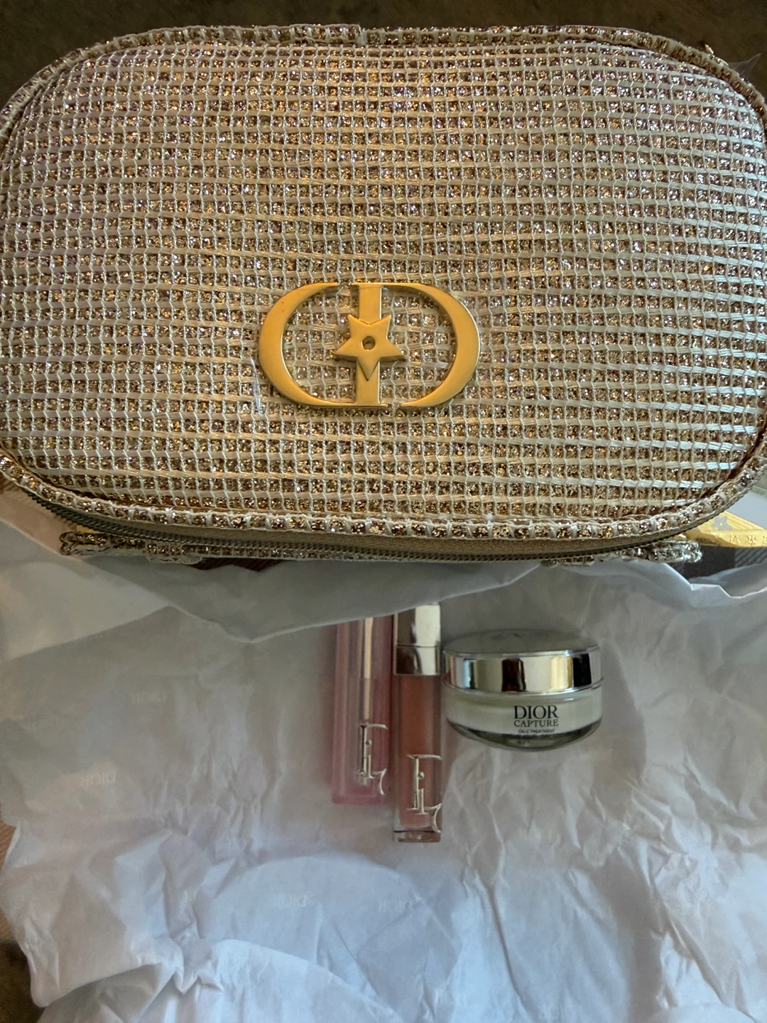 Dior Beauty Cosmetic Bag with Lip Gloss and Day Cream