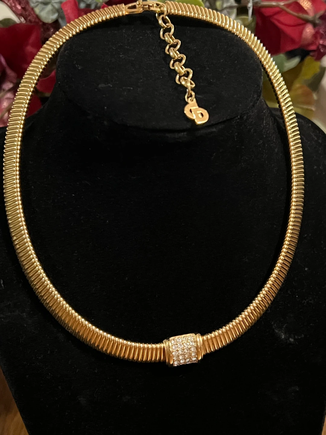 Christian Dior Gold Tone Choker Necklace with Rhinestones