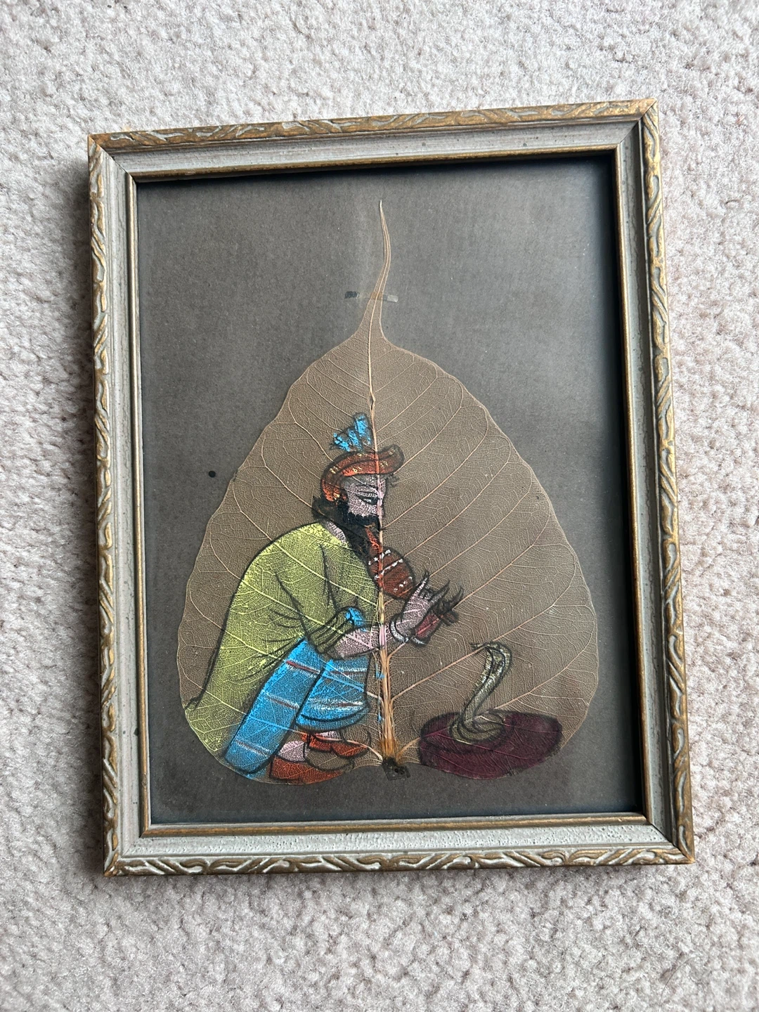 Vintage Framed Painting of Snake Charmer on a Peepal leaf