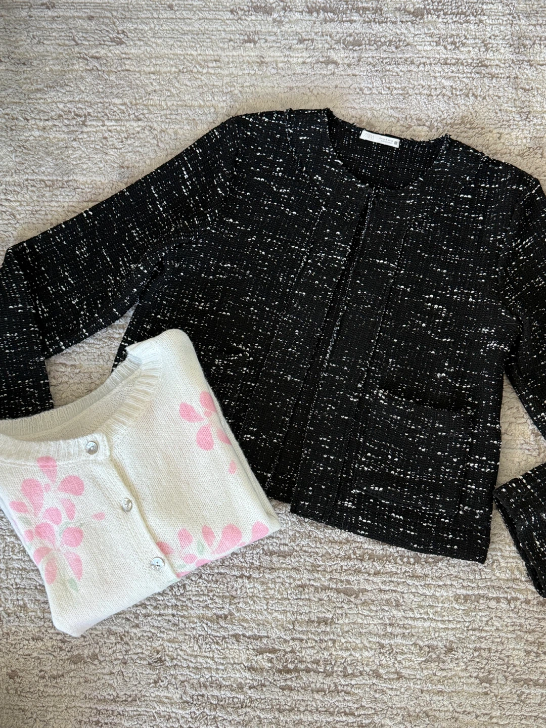 BOGO: Black and White Tweed Jacket & Pink Floral Cardigan