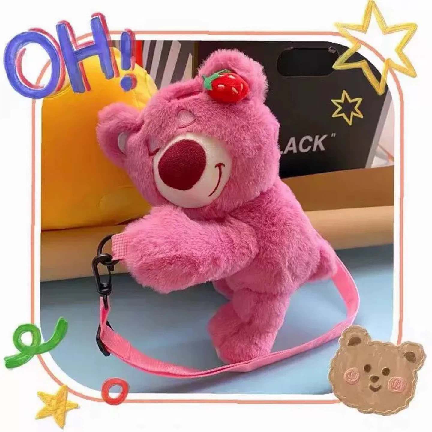 Pink Strawberry Bear Plush Bag 15×26×10cm