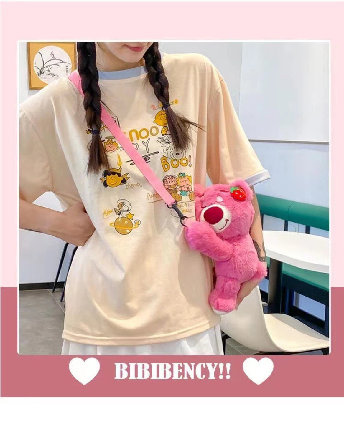 Pink Strawberry Bear Plush Bag 15×26×10cm - photo 3