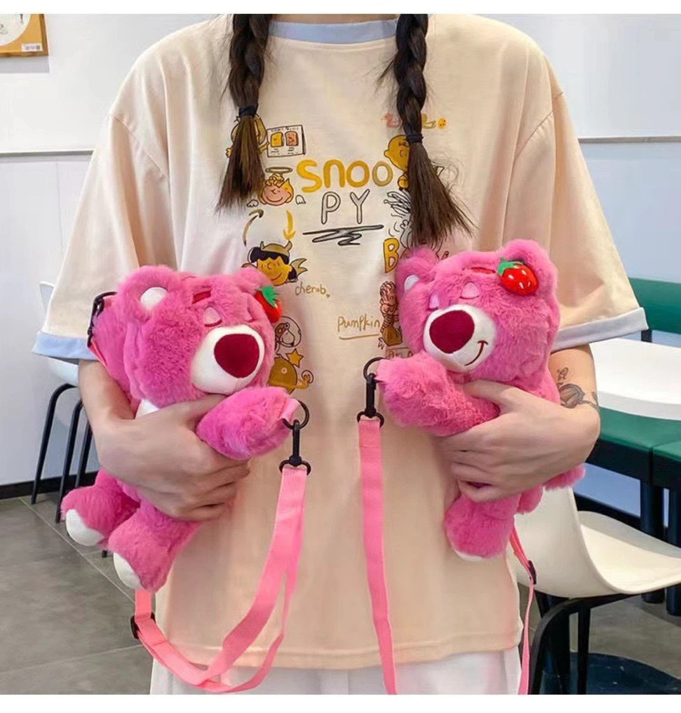 Pink Strawberry Bear Plush Bag 15×26×10cm - photo 4