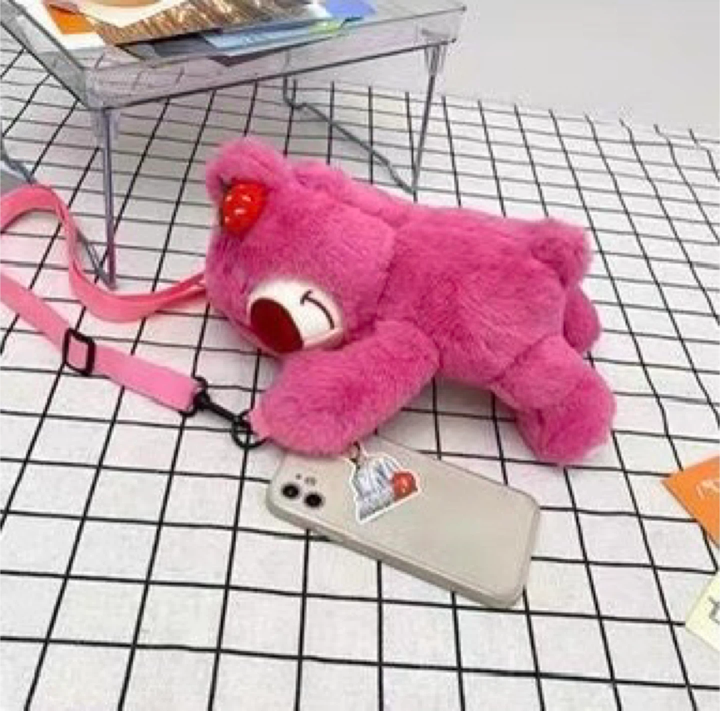 Pink Strawberry Bear Plush Bag 15×26×10cm - photo 5