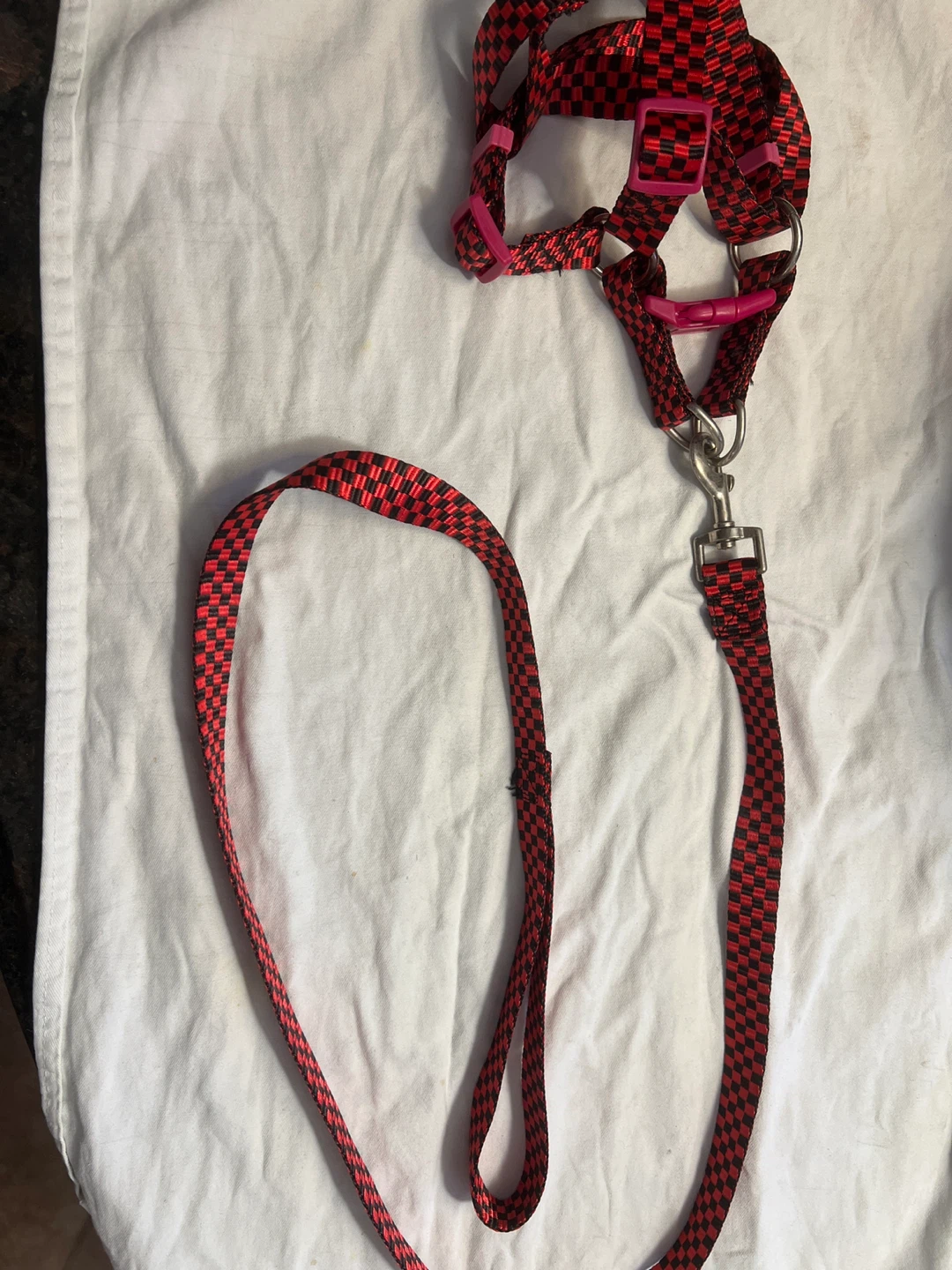 Red and Black Checkered Dog Leash and Harness Set