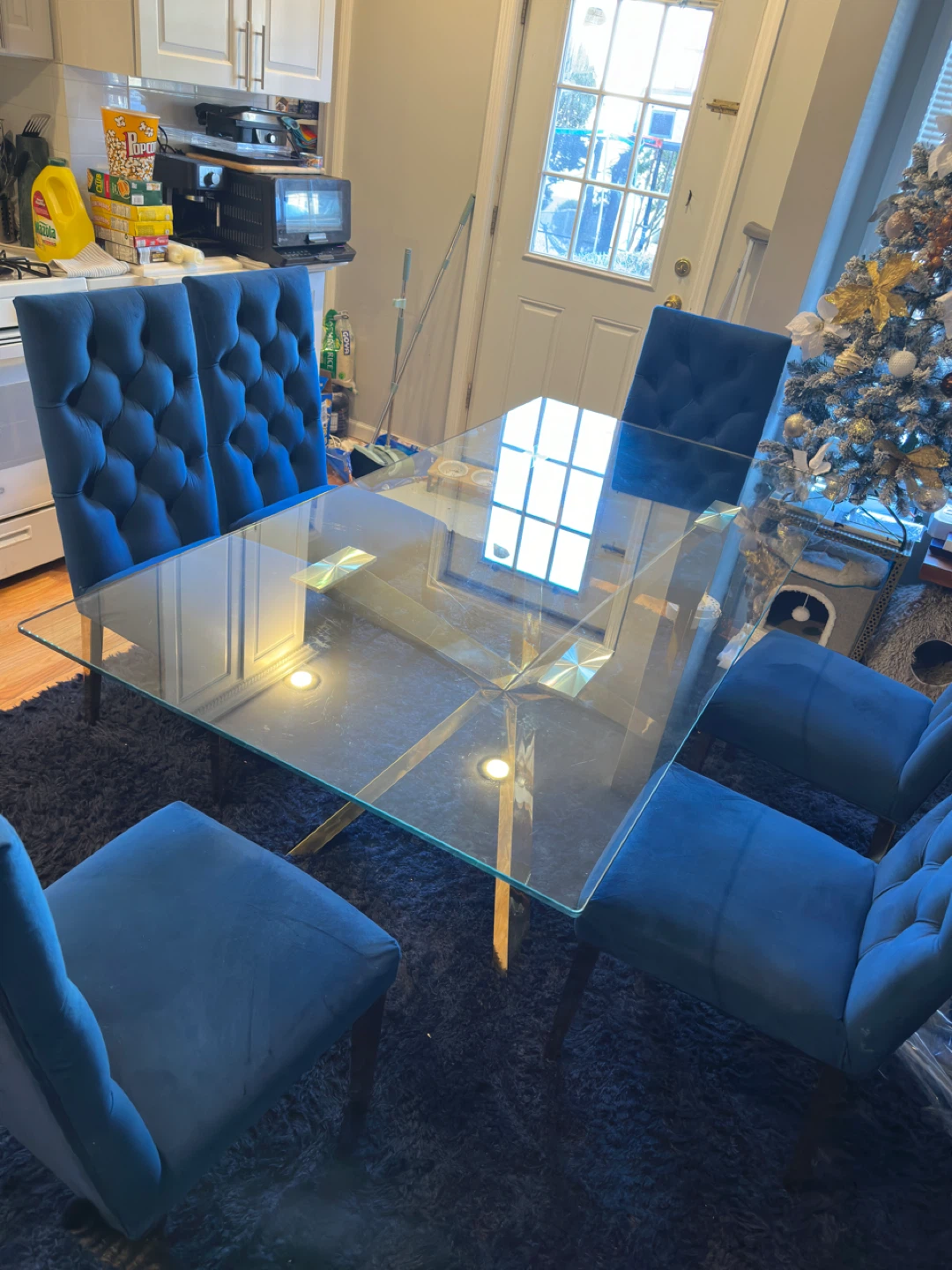 Glass Dining Table with Gold Base and 4 Blue Chairs - photo 3