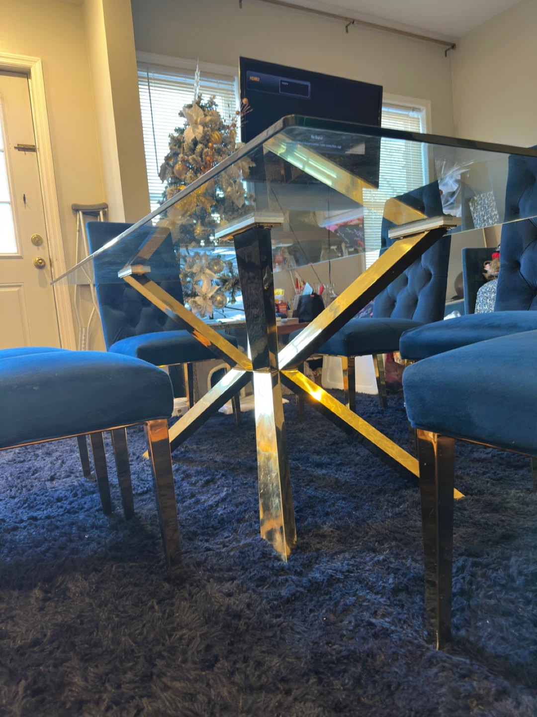 Glass Dining Table with Gold Base and 4 Blue Chairs