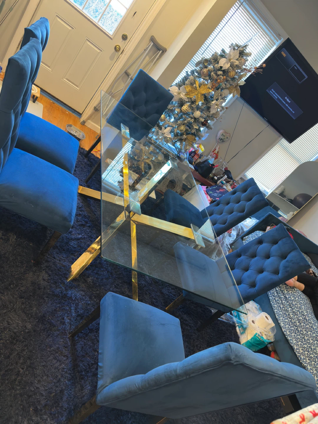 Glass Dining Table with Gold Base and 4 Blue Chairs - photo 2