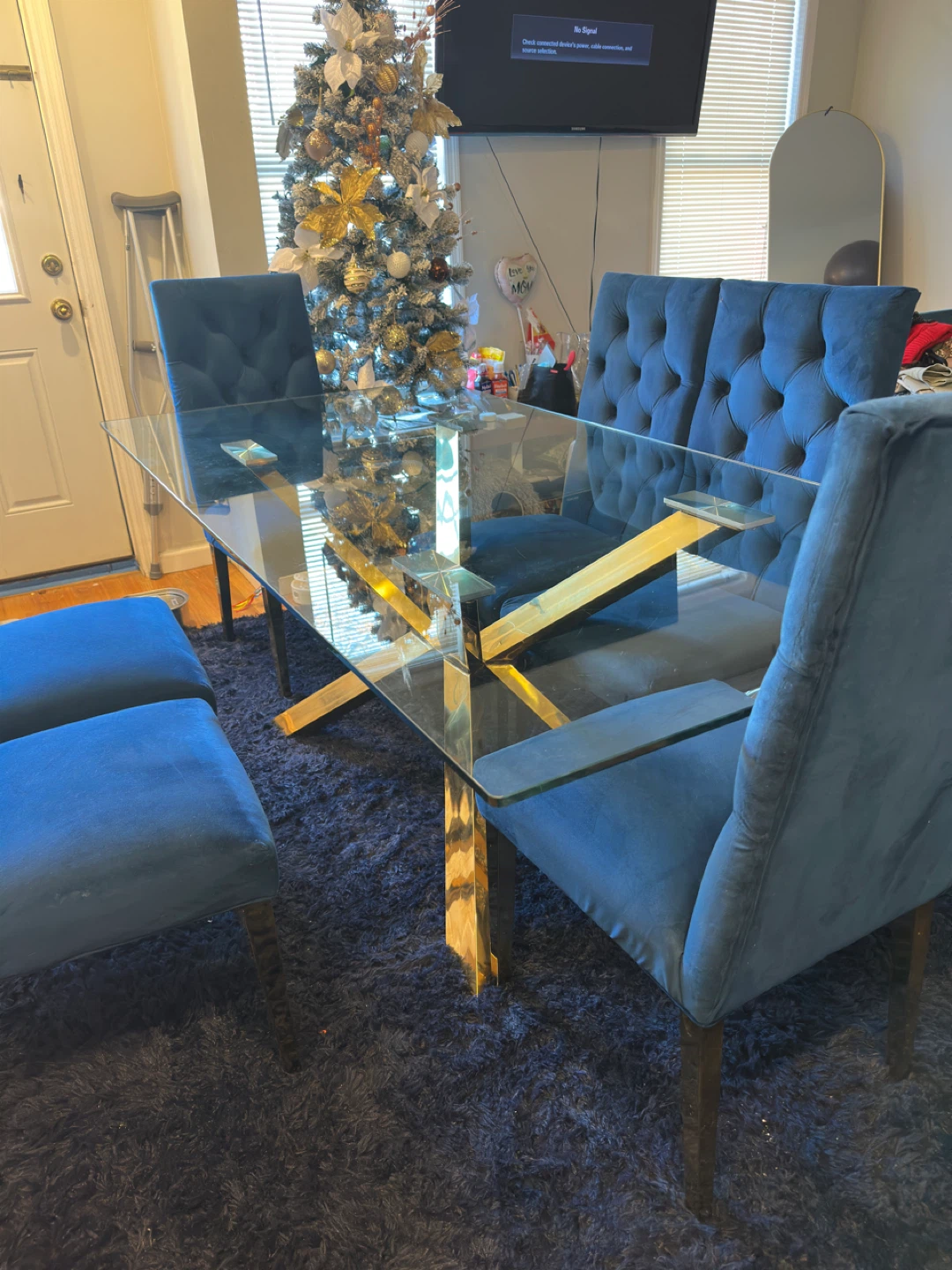 Glass Dining Table with Gold Base and 4 Blue Chairs - photo 5