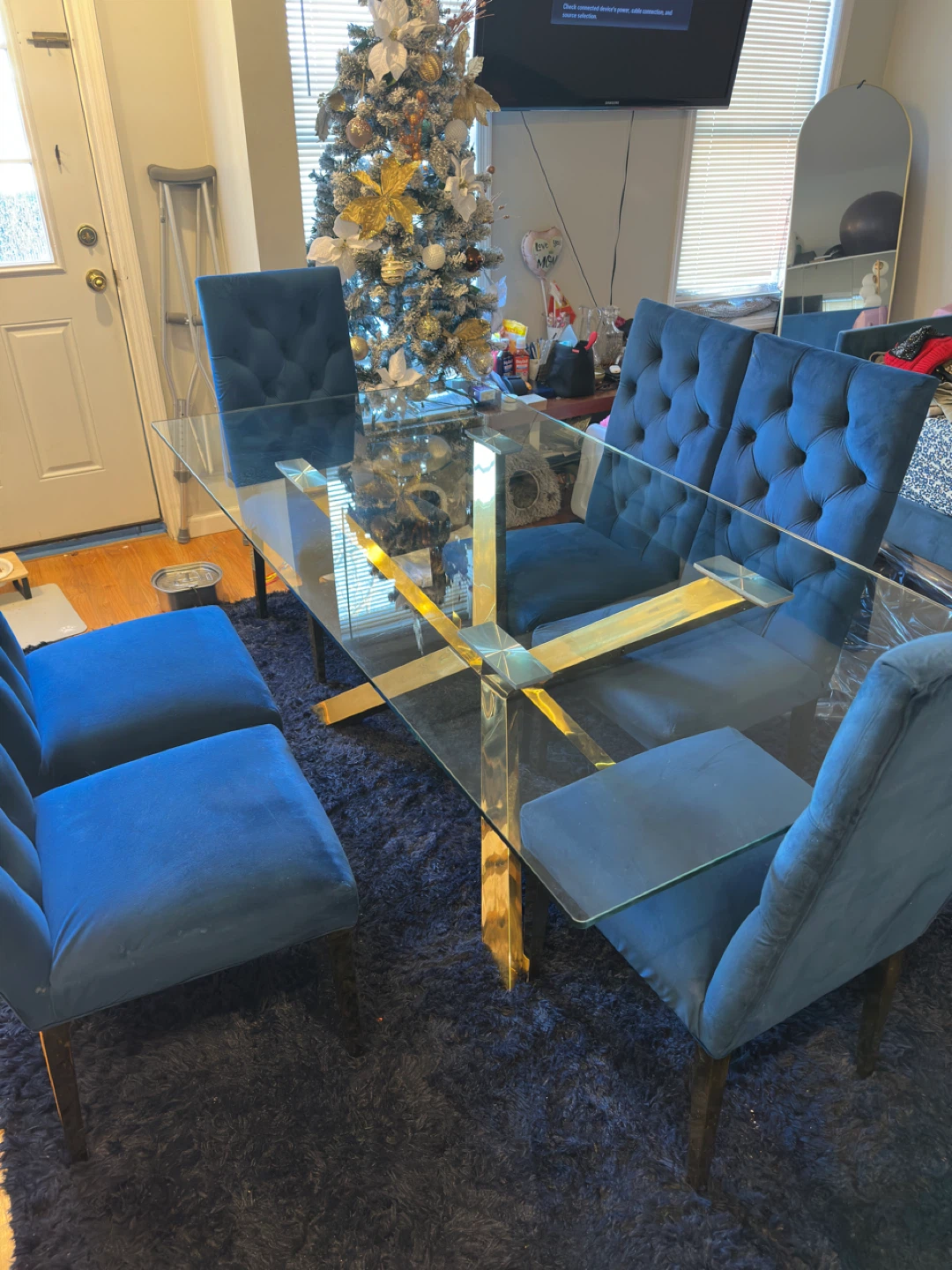 Glass Dining Table with Gold Base and 4 Blue Chairs - photo 4