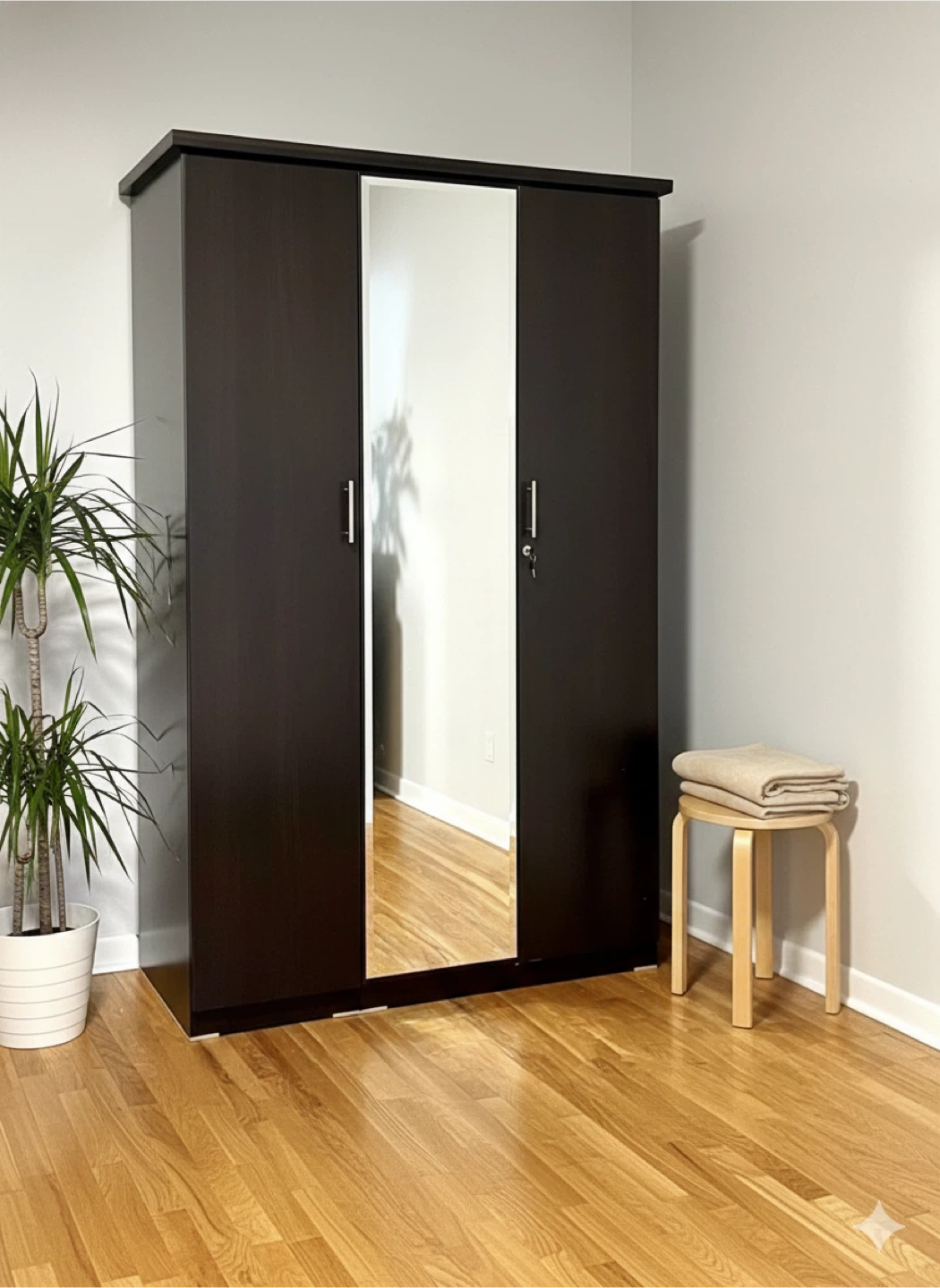 Dark Brown Wood Wardrobe with Mirror