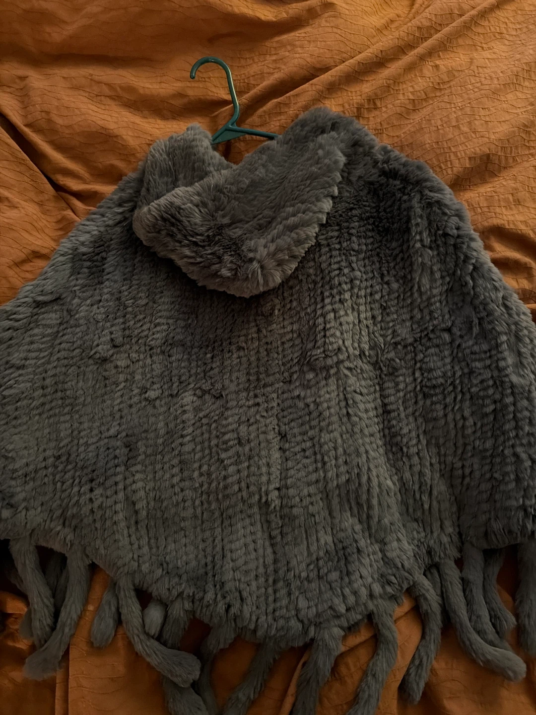 Gray Rabbit Fur Poncho with Hood and Fringe - photo 3