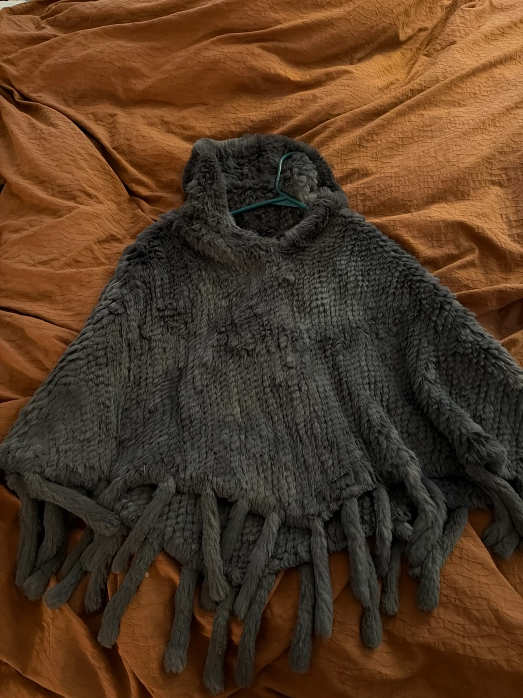Gray Rabbit Fur Poncho with Hood and Fringe