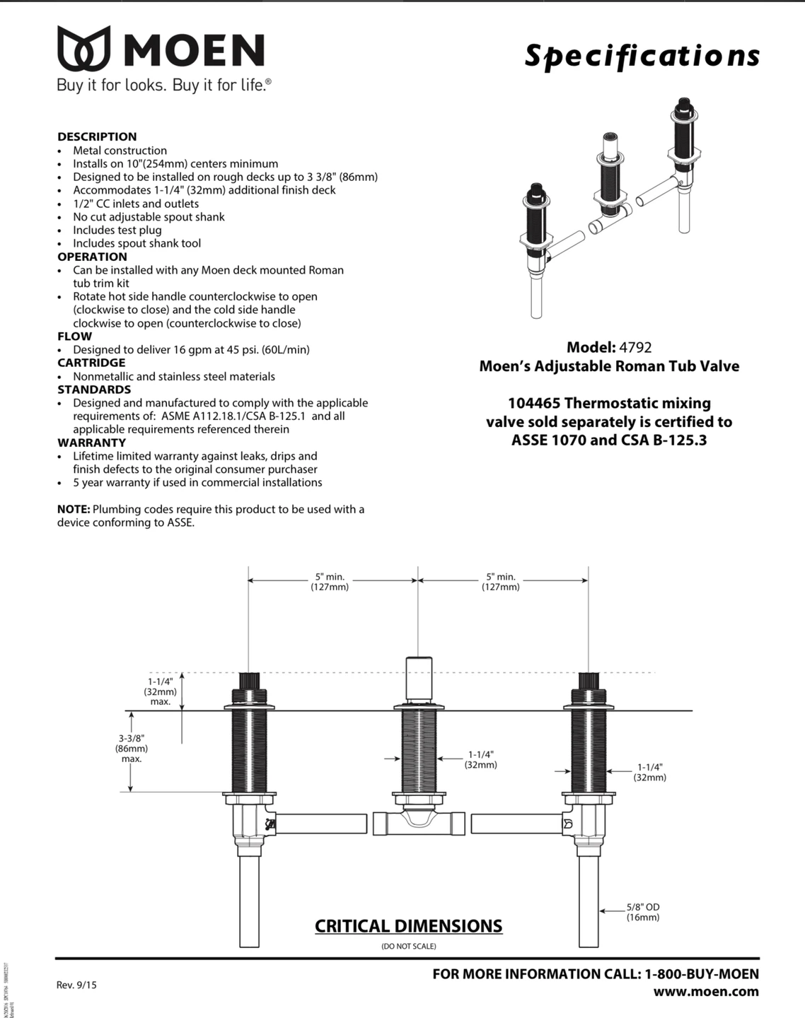 Moen 4792 Thermostatic Mixing Valve