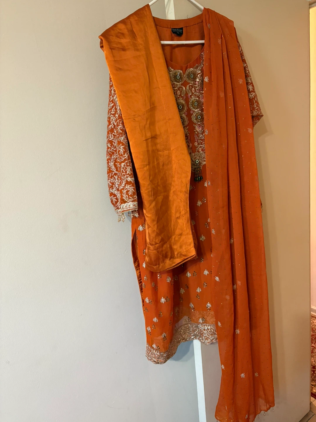 Orange and Green Embroidered Shalwar Kameez Set - photo 2