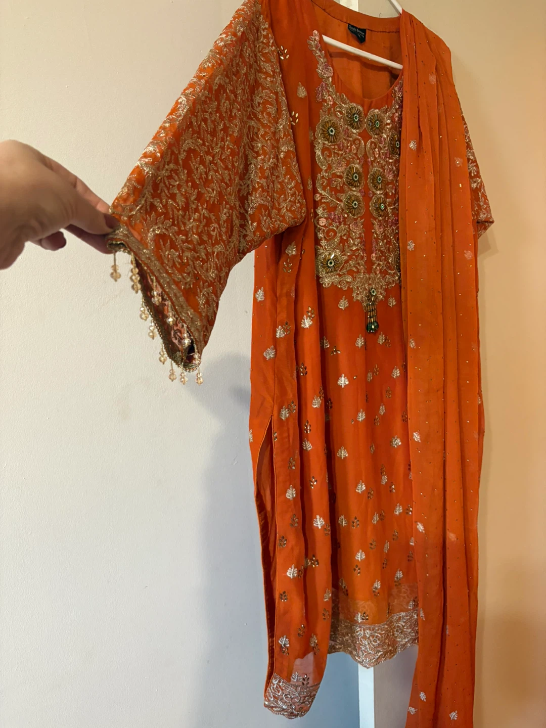 Orange and Green Embroidered Shalwar Kameez Set