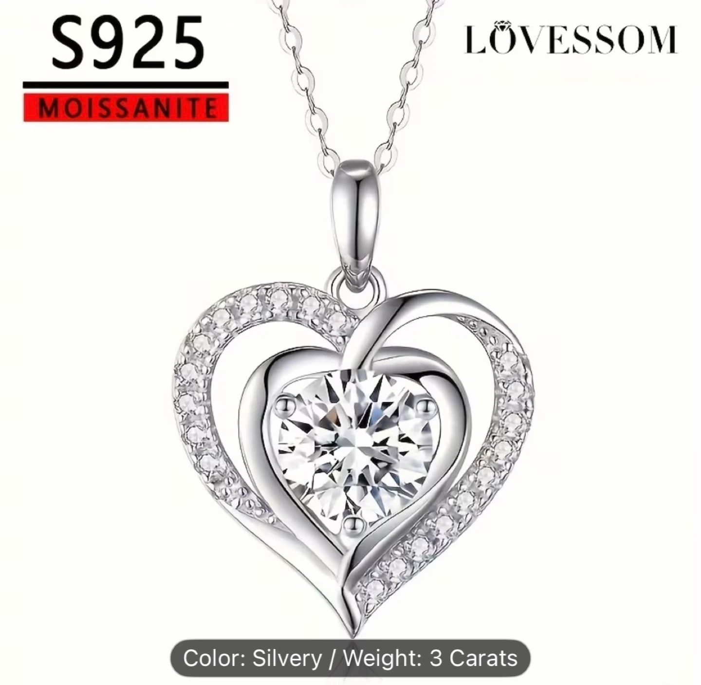 LOVESSOM S925 Moissanite Heart Necklace - Silvery