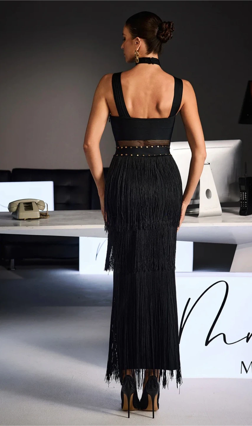 Black Fringe Halter Neck Maxi Dress with Studded Waist - photo 2