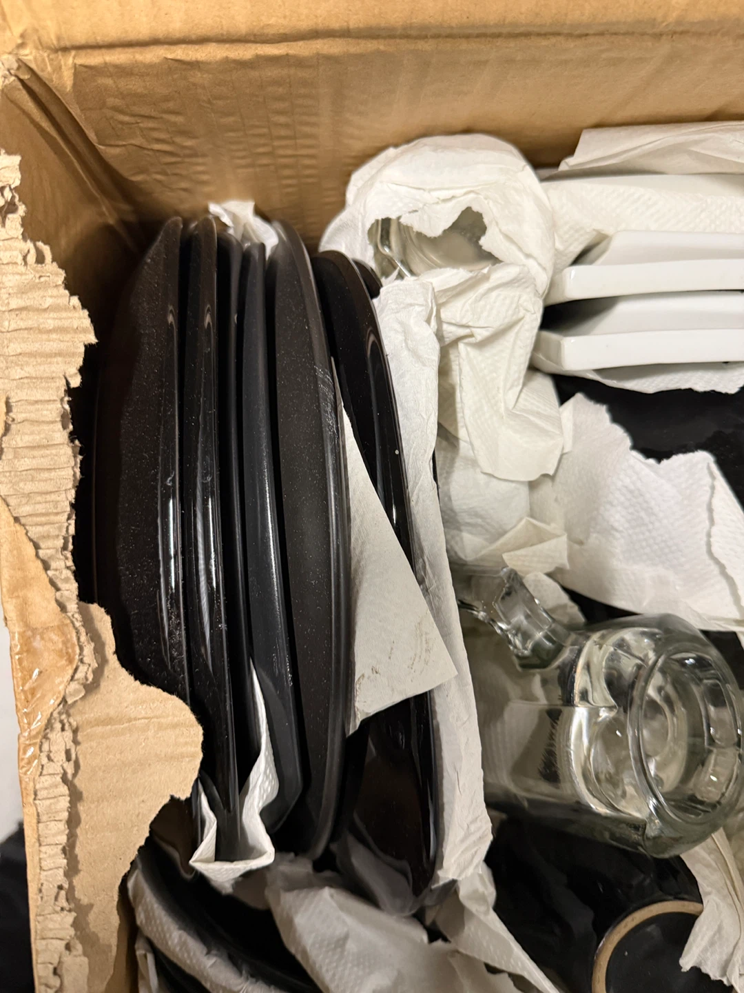 Set of Black Plates and Glass Mugs