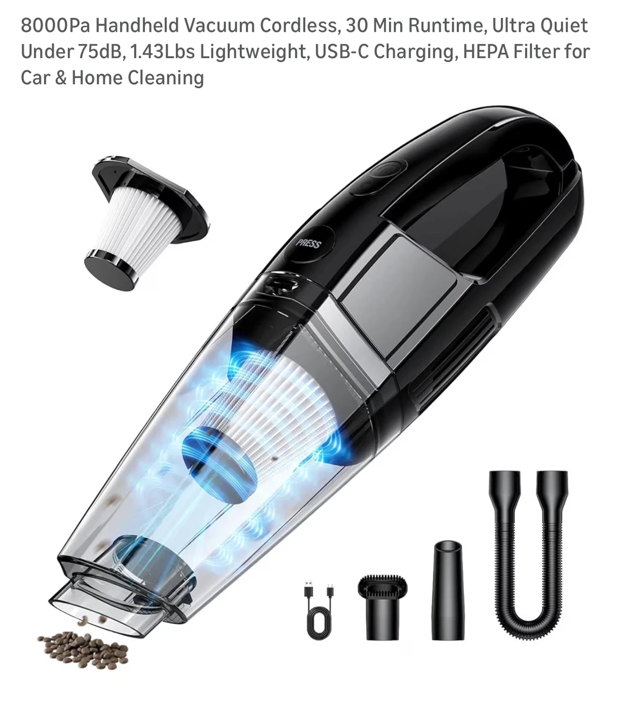 8000Pa Handheld Vacuum Cordless - Lightweight, USB-C Charging