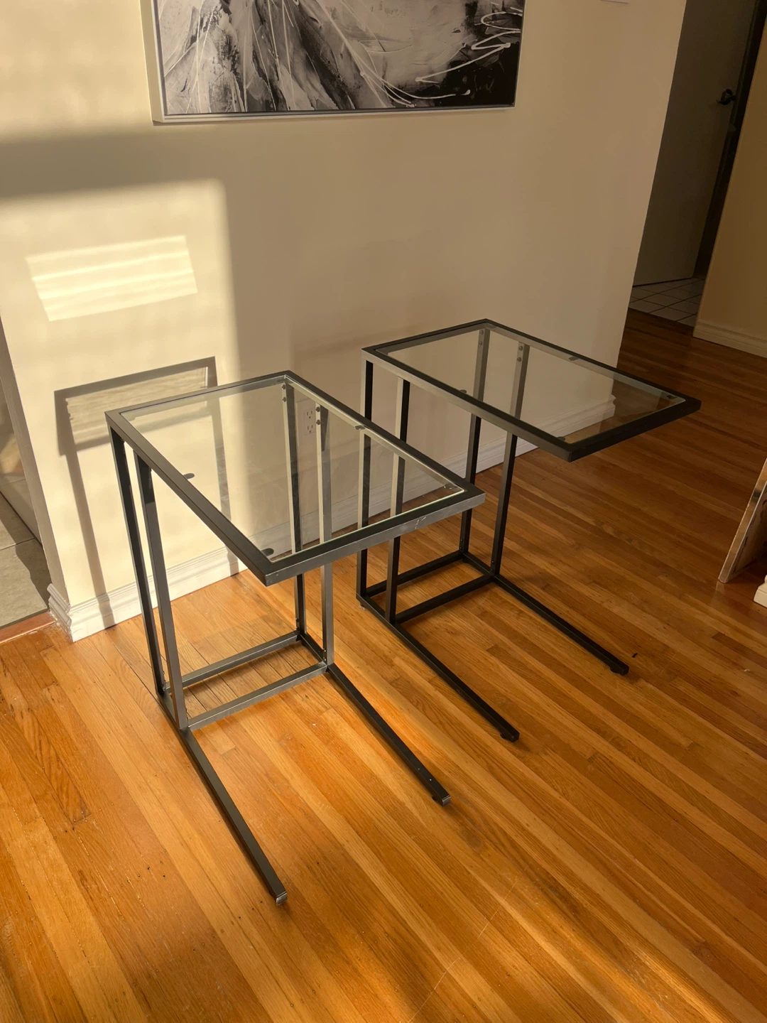 Set of 2 Black Metal and Glass Side Tables