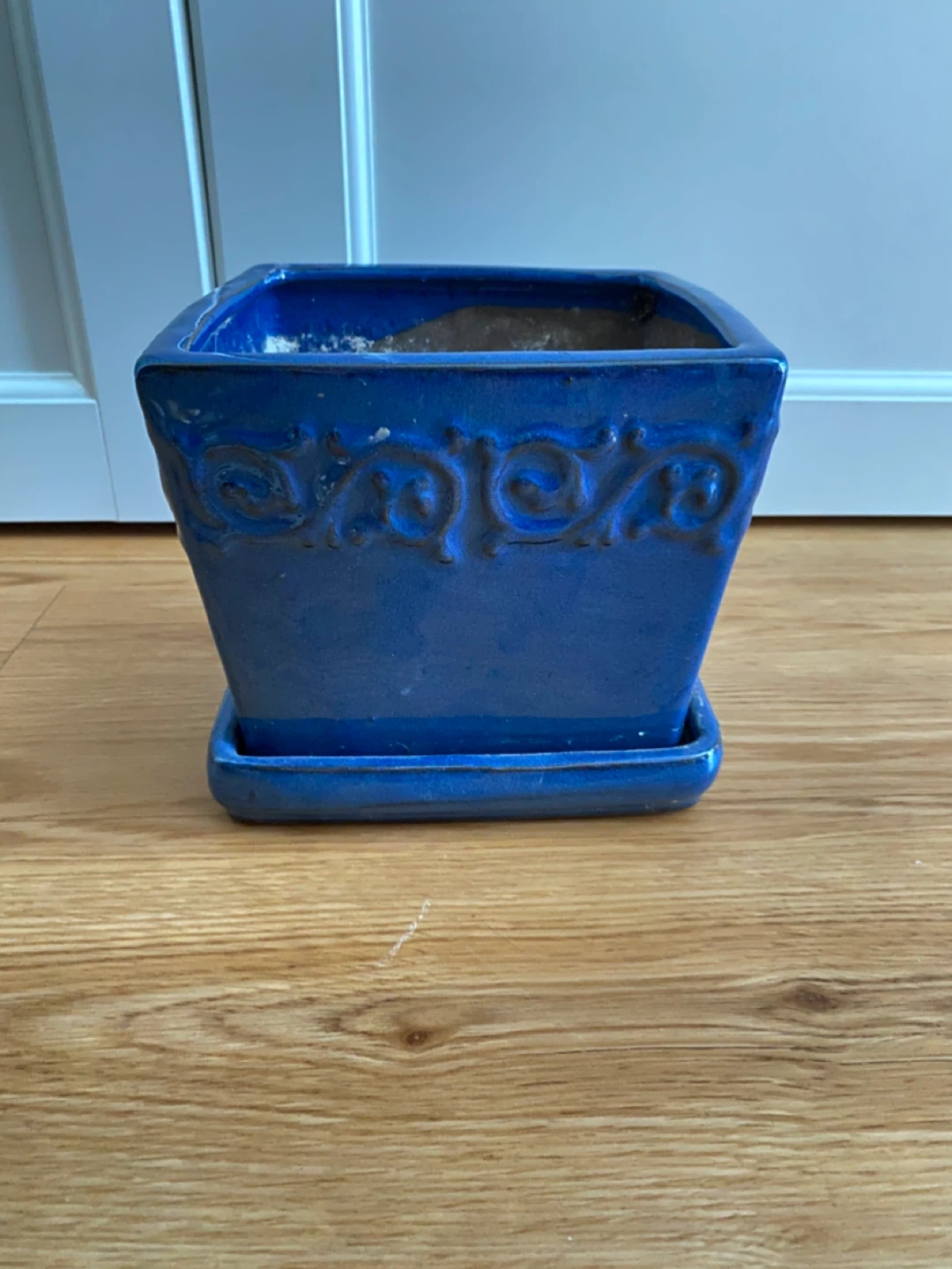 Blue Ceramic Square Planter with Saucer