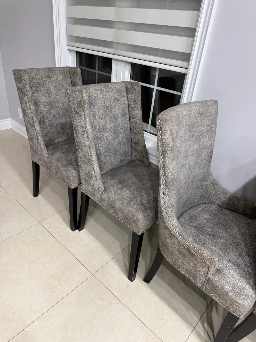 4 Grey Upholstered Dining Chairs  - $30 each