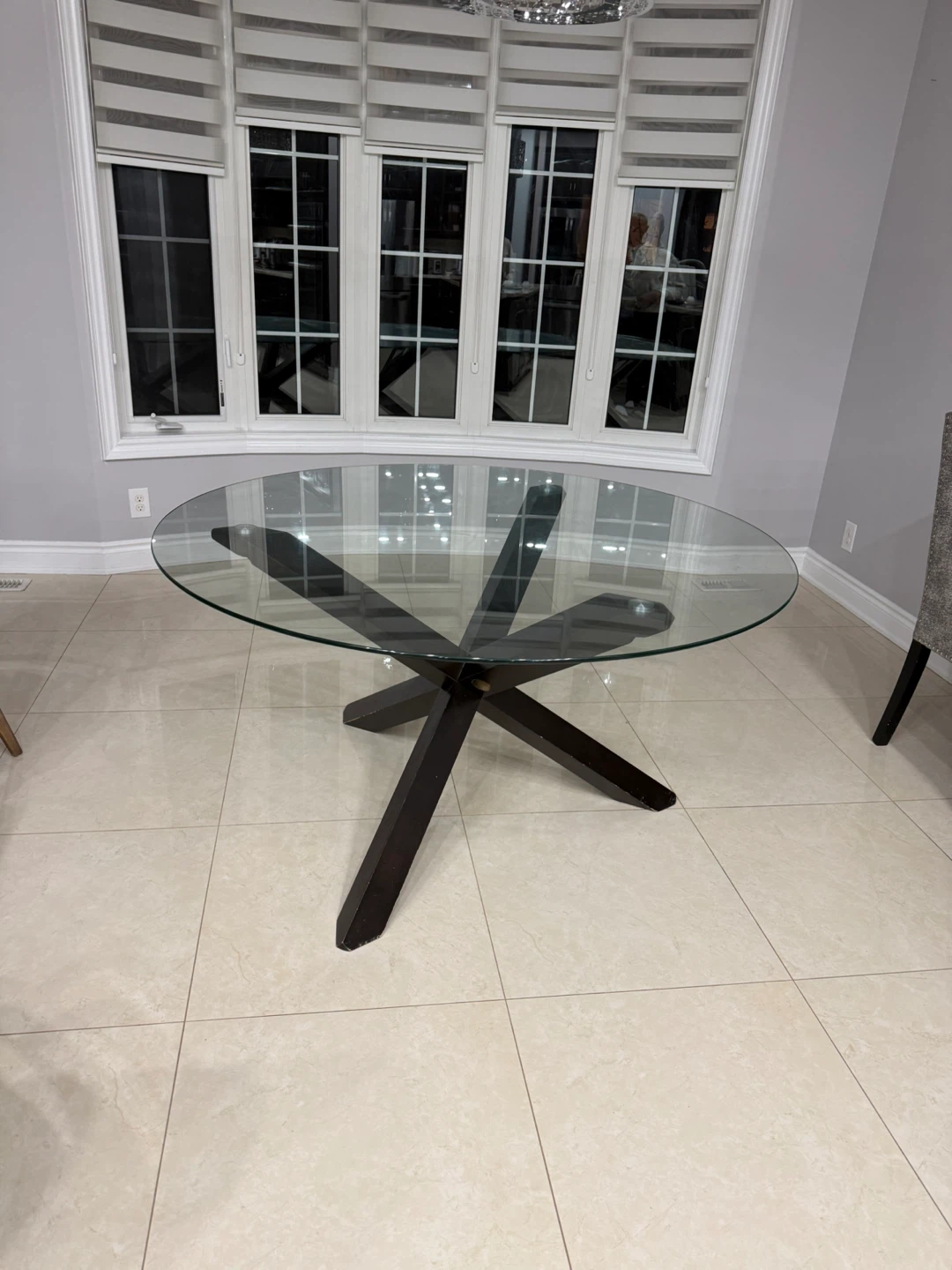 Round Glass Top Dining Table with Dark Wood Base
