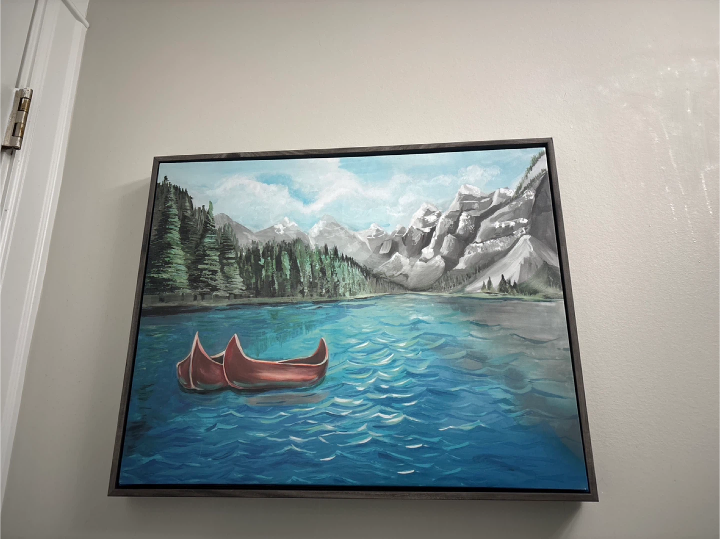 Canvas Wall Art Painting of Two Canoes on a Lake with Mountains