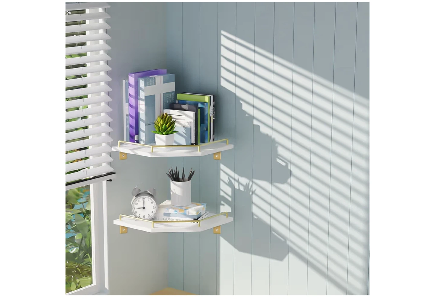 2 White Corner Shelves with Gold Metal Guardrail