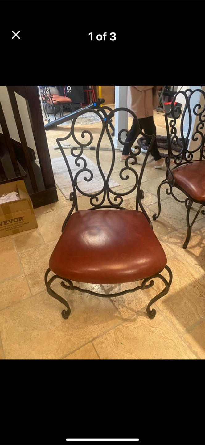 Set of 4 Wrought Iron Dining Chairs with Leather Seats