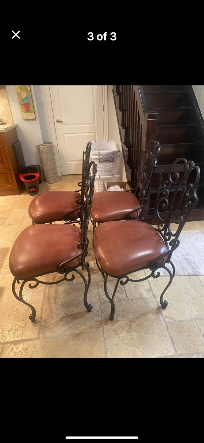 Set of 4 Wrought Iron Dining Chairs with Leather Seats - photo 2