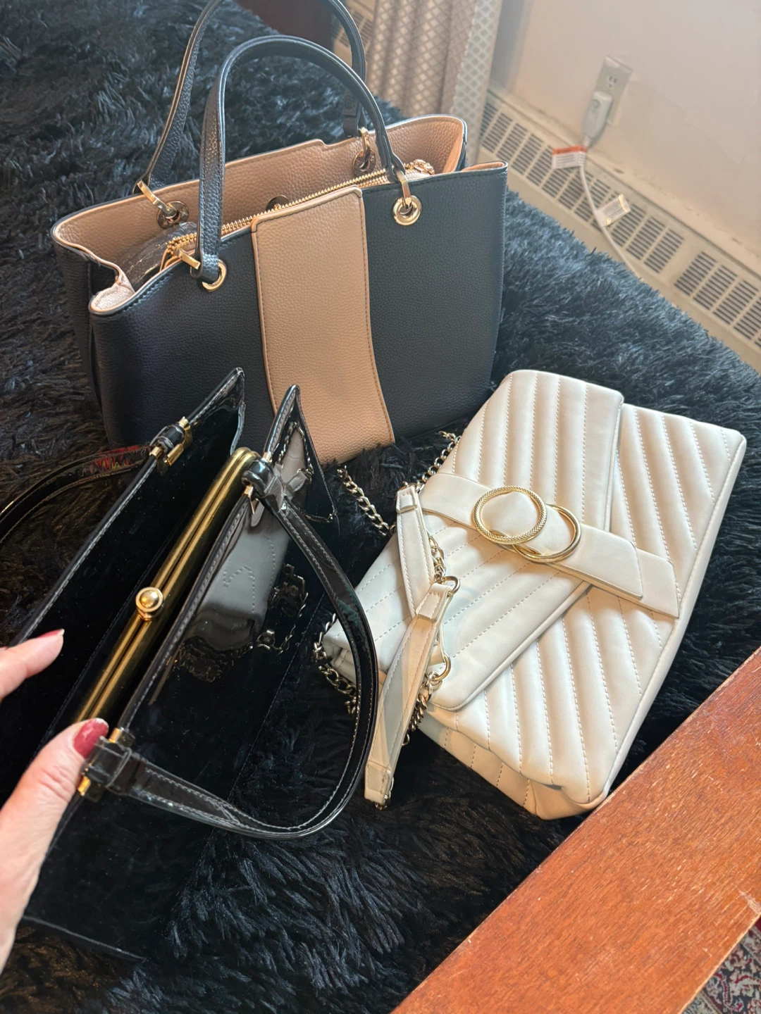 2-Piece Handbag Set: Black & Nude Tote and White Clutch