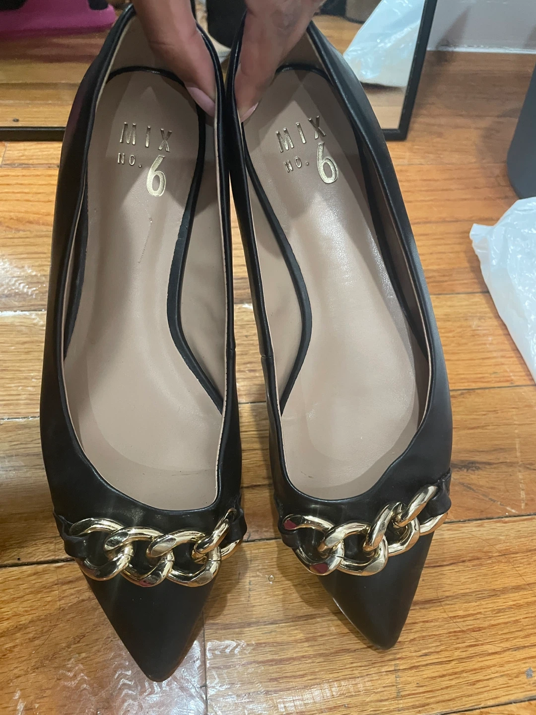 MIX.NO.6 Black Pointed Toe Chain Ballet Flats - photo 2