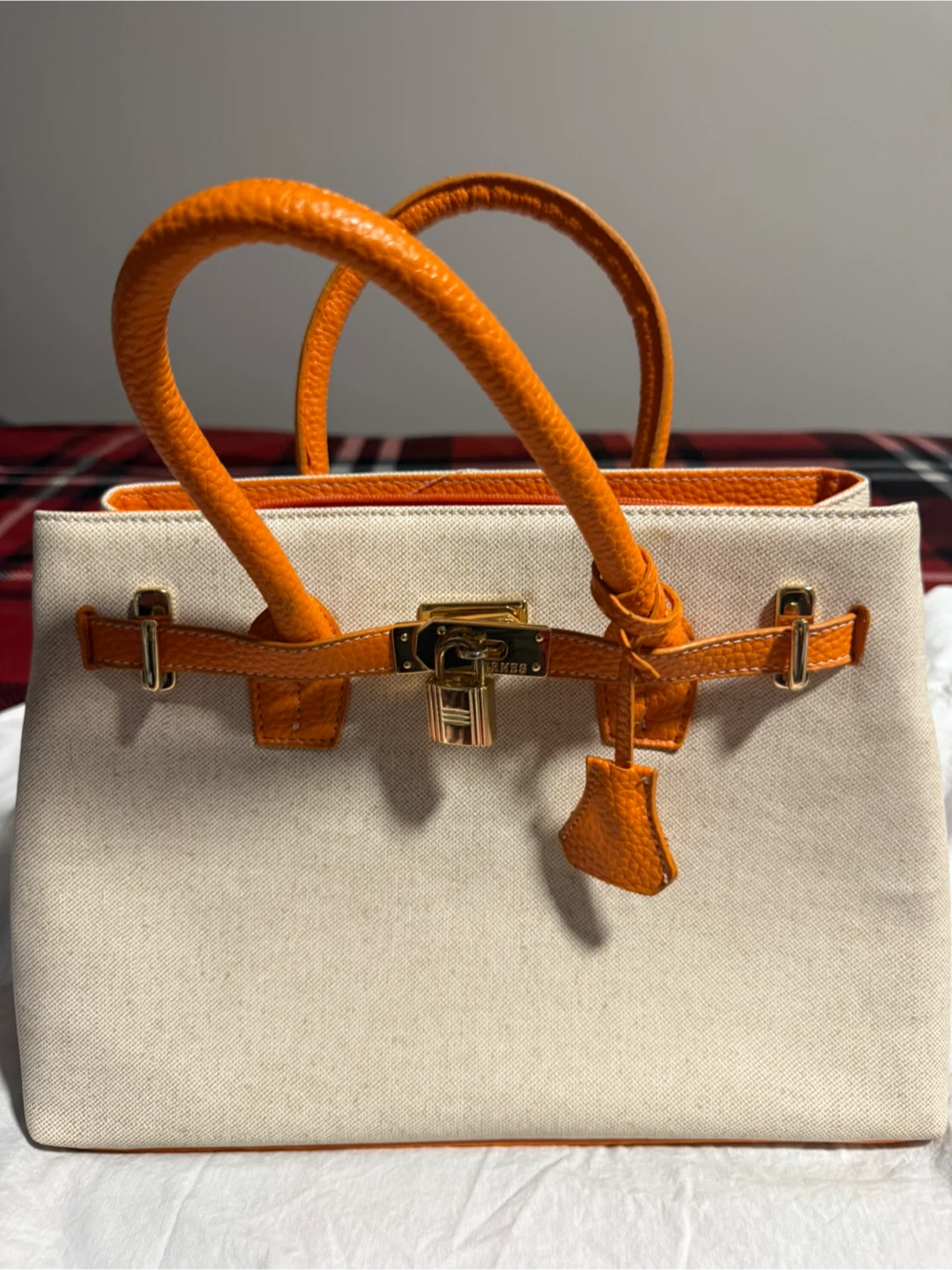 Cream Canvas & Orange Leather Trim Satchel Handbag - photo 2