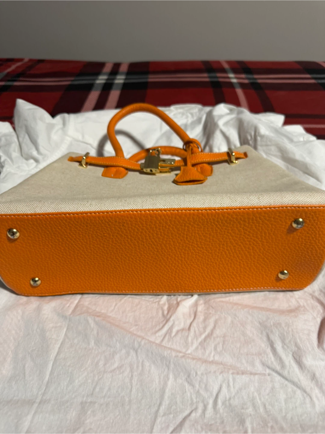 Cream Canvas & Orange Leather Trim Satchel Handbag - photo 3