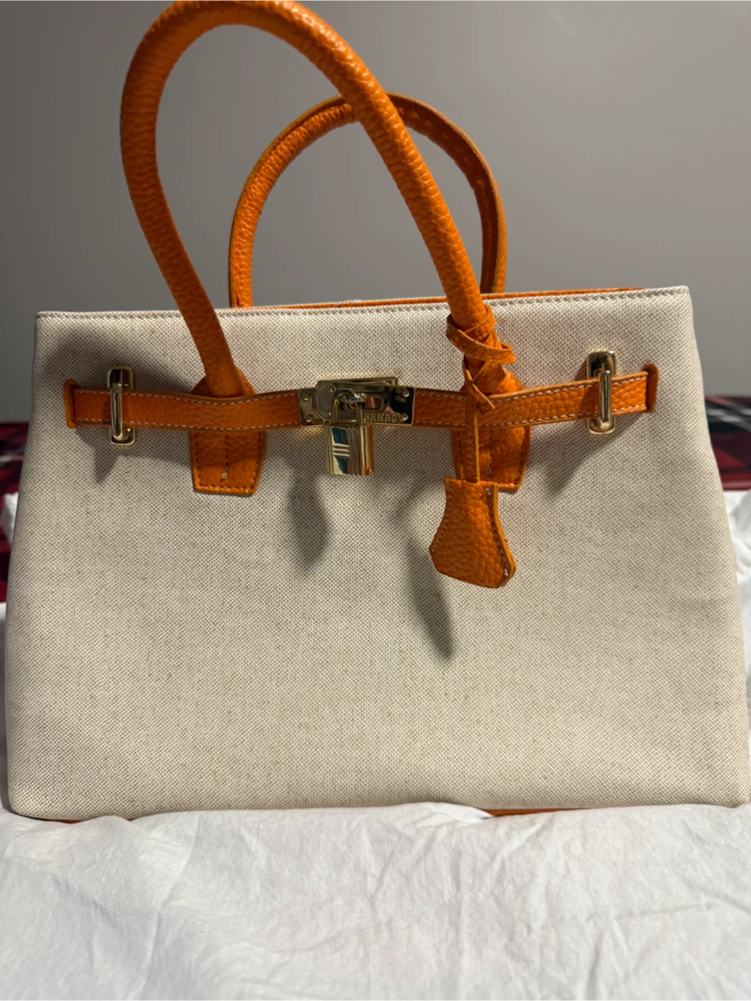 Cream Canvas & Orange Leather Trim Satchel Handbag