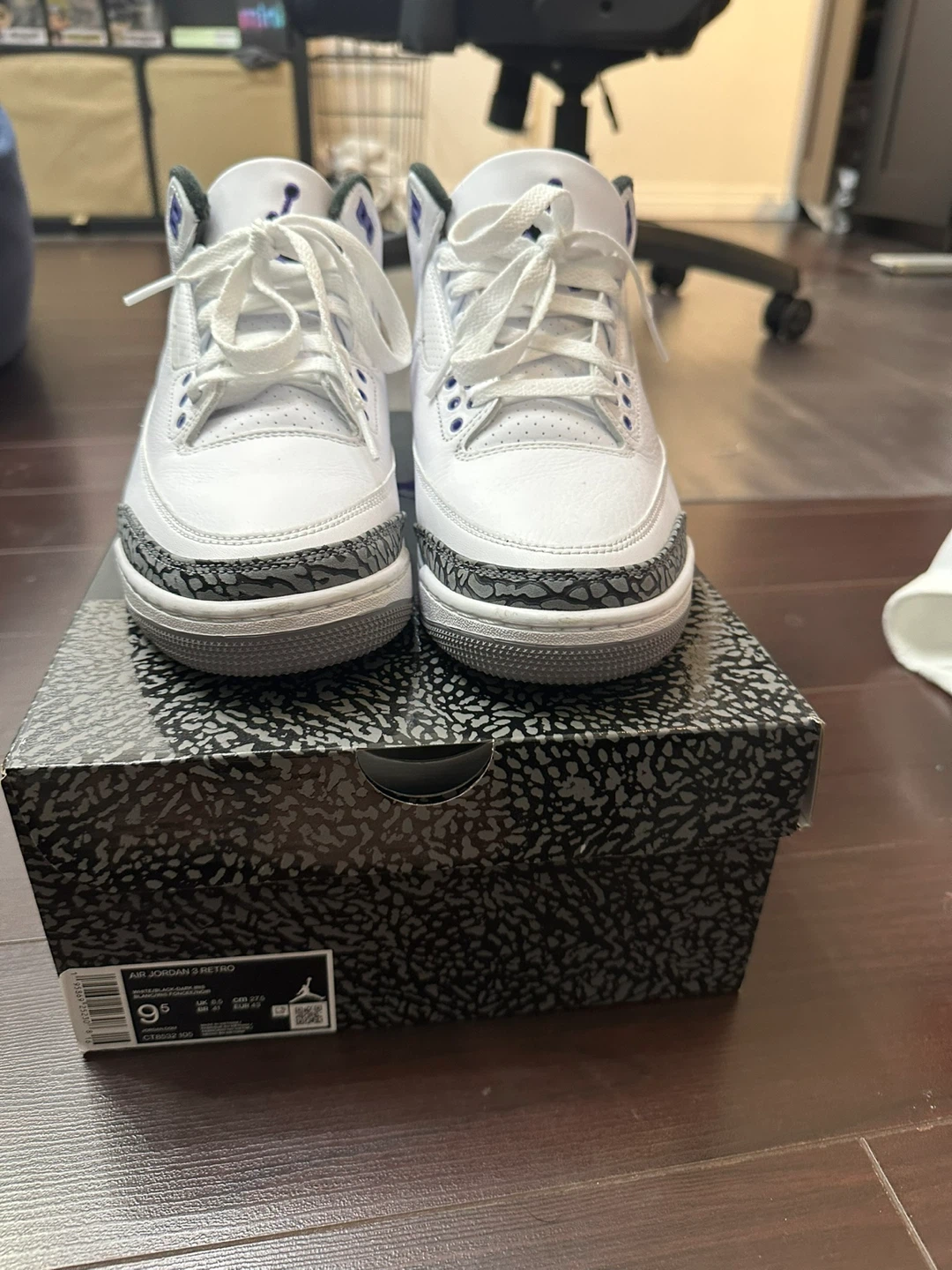 Air Jordan 3 Retro White Court Purple Men's Shoes Size 9.5