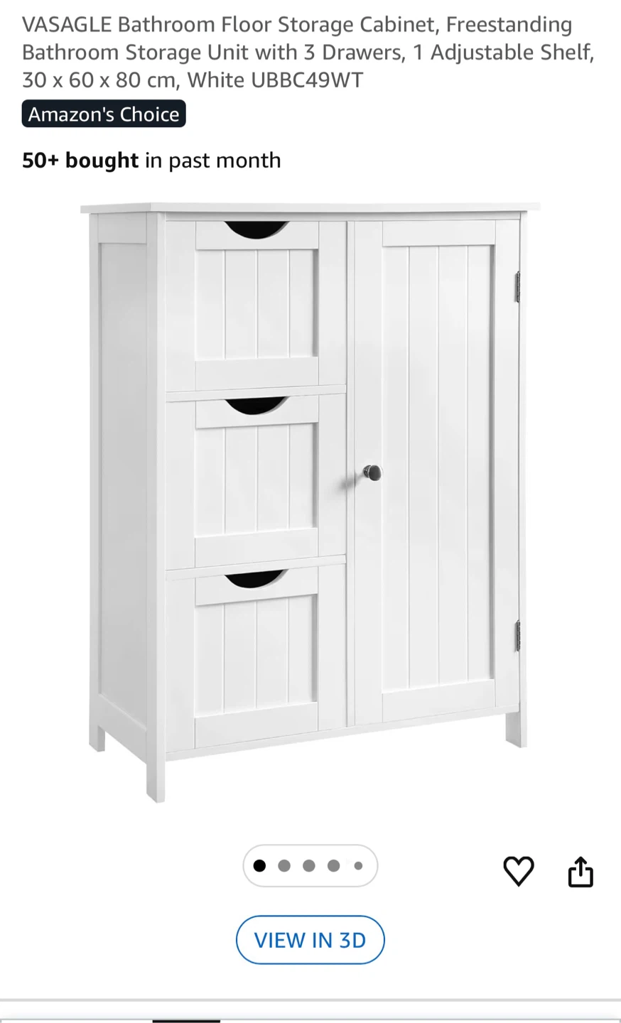 VASAGLE Bathroom Floor Storage Cabinet with 3 Drawers