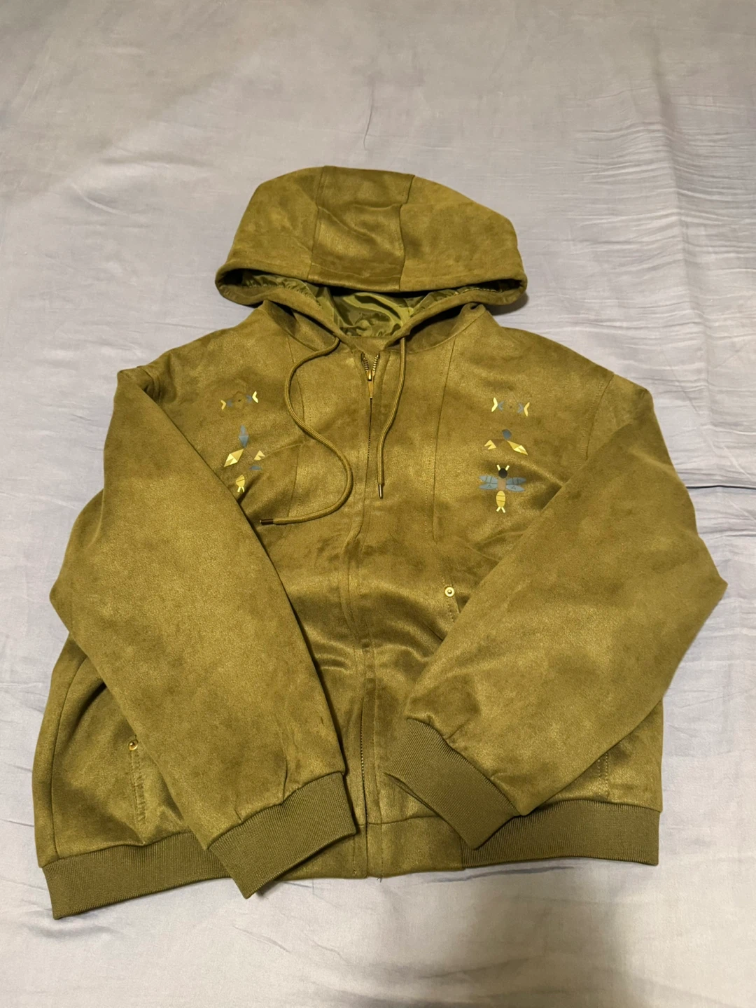 Embroidered Olive Green Hooded Zip-Up